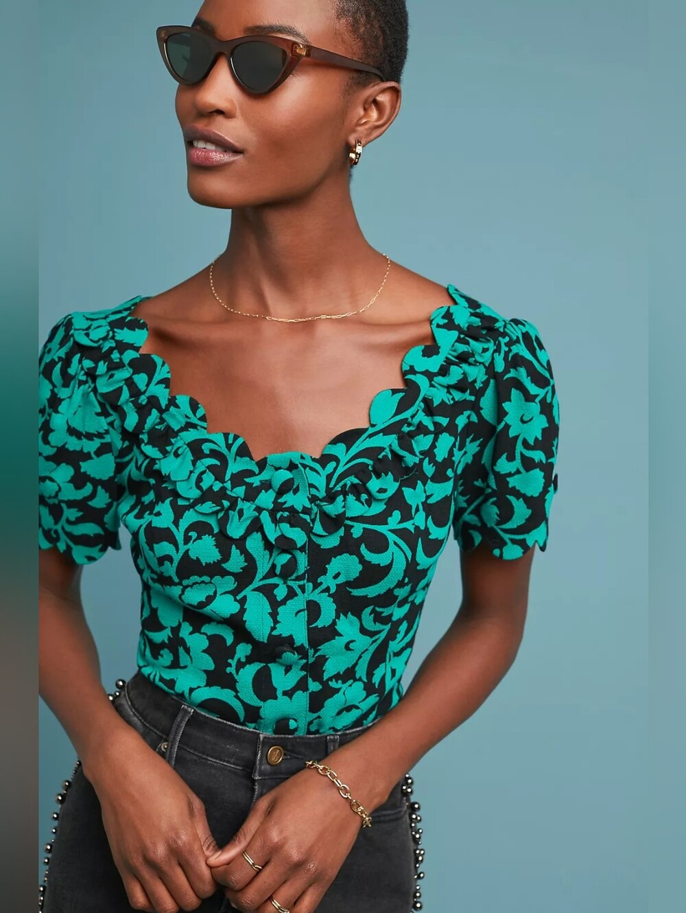 ANTHROPOLOGIE Aseey Blouse Teal Black Floral Scallop-Edge Puff Sleeve Top Small